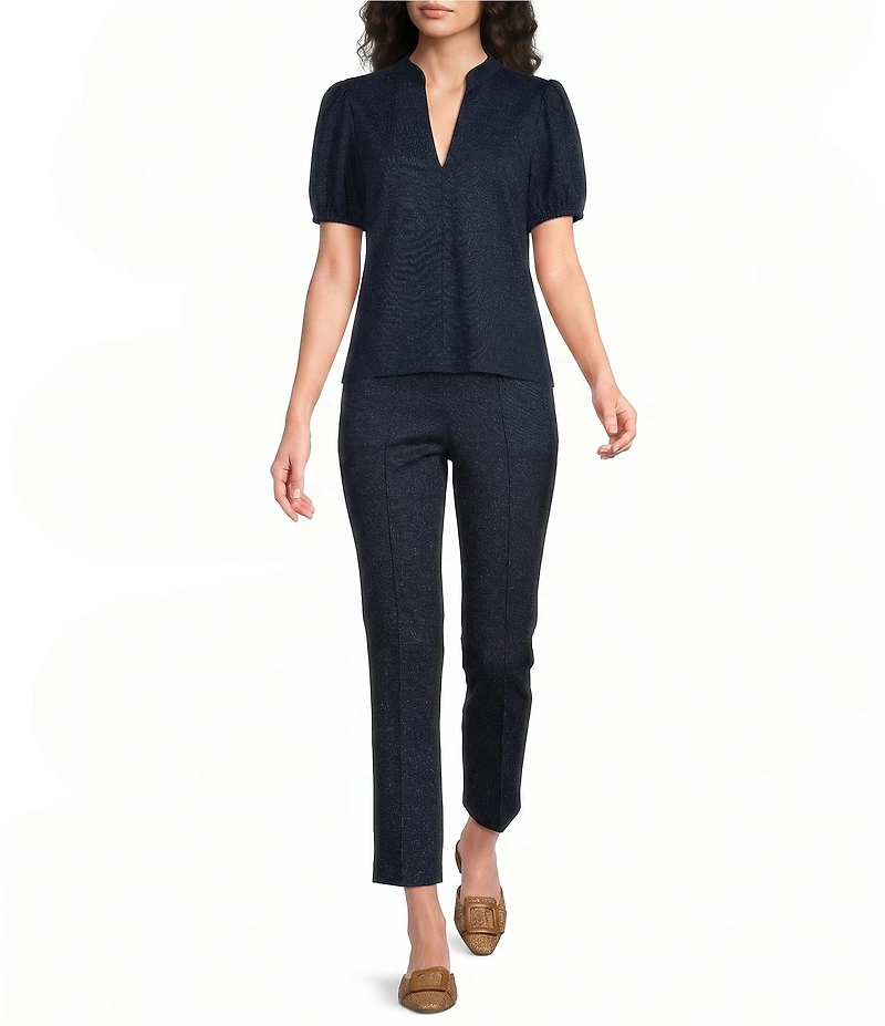 Jude Connally Coco Denim Band Collar V-Neck Short Puff Sleeve Top