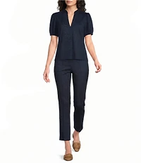 Jude Connally Coco Denim Band Collar V-Neck Short Puff Sleeve Top