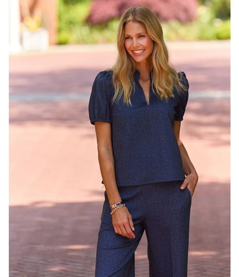 Jude Connally Coco Denim Band Collar V-Neck Short Puff Sleeve Top