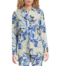 Jude Connally Coordinating Hadley Blooming Botanics Print Jude Cloth Knit Point Collar Long Split Roll Cuff Sleeve Tunic