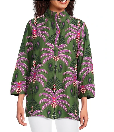 Jude Connally Cricket Decorative Fan Pool Print Stand Collar 3/4 Sleeve Top