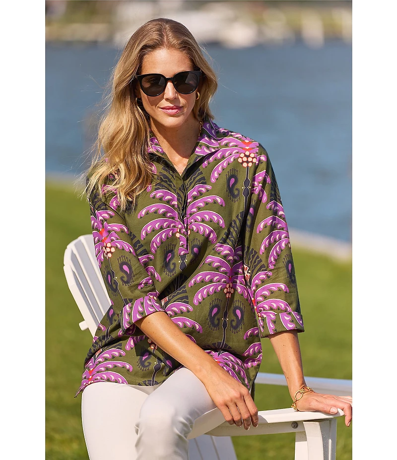 Jude Connally Cricket Decorative Fan Pool Print Stand Collar 3/4 Sleeve Top