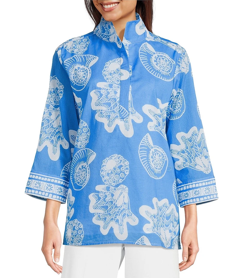 Jude Connally Cricket Shoreline Harbor Print Stand Collar 3/4 Sleeve Top