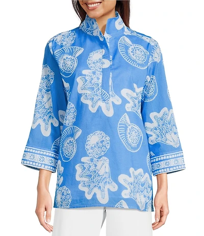 Jude Connally Cricket Shoreline Harbor Print Stand Collar 3/4 Sleeve Top