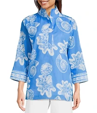 Jude Connally Cricket Shoreline Harbor Print Stand Collar 3/4 Sleeve Top
