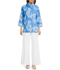 Jude Connally Cricket Shoreline Harbor Print Stand Collar 3/4 Sleeve Top