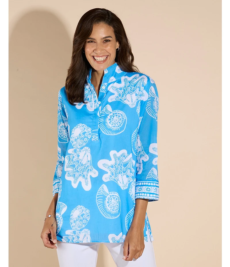 Jude Connally Cricket Shoreline Harbor Print Stand Collar 3/4 Sleeve Top