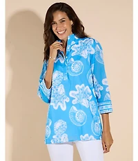 Jude Connally Cricket Shoreline Harbor Print Stand Collar 3/4 Sleeve Top