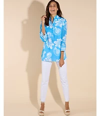 Jude Connally Cricket Shoreline Harbor Print Stand Collar 3/4 Sleeve Top