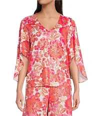 Jude Connally Daniella Coordinating Stretch Knit Peony Dream Print 3/4 Flutter Sleeve V-Neck Top