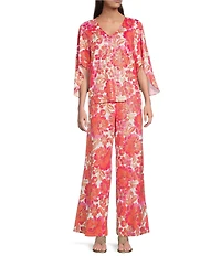 Jude Connally Daniella Coordinating Stretch Knit Peony Dream Print 3/4 Flutter Sleeve V-Neck Top