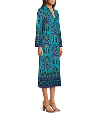 Jude Connally Devon Jude Cloth Decorative Frond Peacock Print V-Neck Long Sleeve Caftan Dress