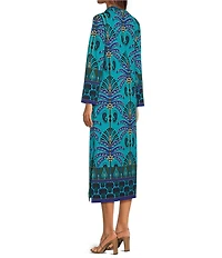 Jude Connally Devon Jude Cloth Decorative Frond Peacock Print V-Neck Long Sleeve Caftan Dress