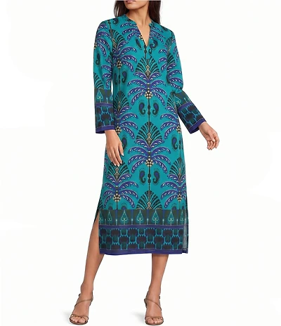 Jude Connally Devon Jude Cloth Decorative Frond Peacock Print V-Neck Long Sleeve Caftan Dress