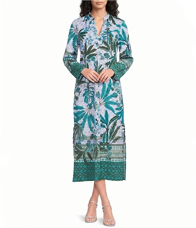 Jude Connally Devon Jude Cloth Palm Royal Loden Print V-Neck Long Sleeve Caftan Dress