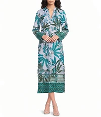 Jude Connally Devon Jude Cloth Palm Royal Loden Print V-Neck Long Sleeve Caftan Dress