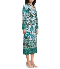 Jude Connally Devon Jude Cloth Palm Royal Loden Print V-Neck Long Sleeve Caftan Dress