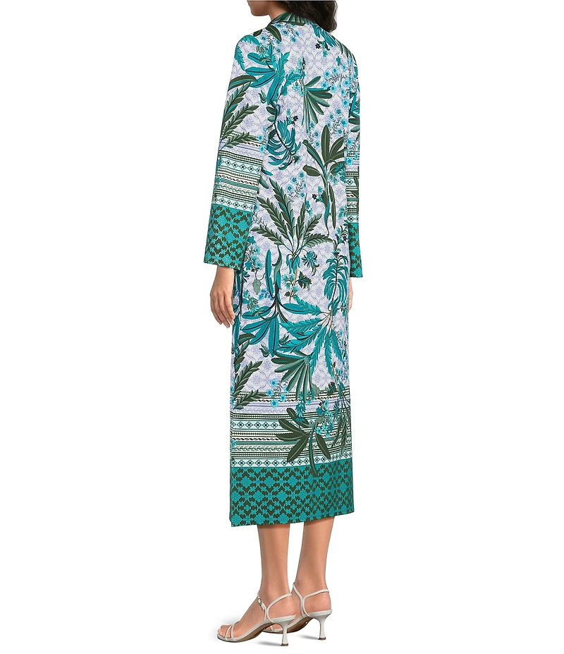 Jude Connally Devon Jude Cloth Palm Royal Loden Print V-Neck Long Sleeve Caftan Dress