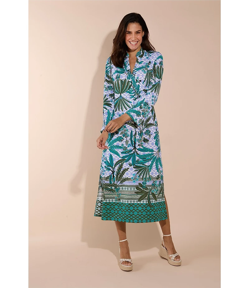 Jude Connally Devon Jude Cloth Palm Royal Loden Print V-Neck Long Sleeve Caftan Dress