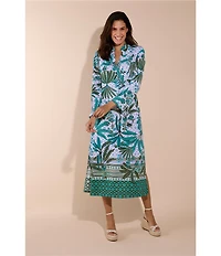 Jude Connally Devon Jude Cloth Palm Royal Loden Print V-Neck Long Sleeve Caftan Dress