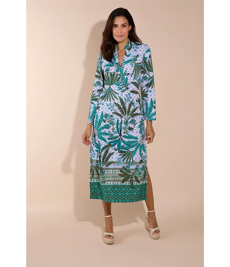 Jude Connally Devon Jude Cloth Palm Royal Loden Print V-Neck Long Sleeve Caftan Dress