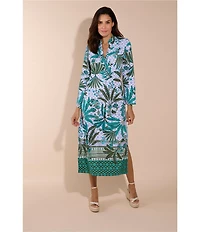 Jude Connally Devon Jude Cloth Palm Royal Loden Print V-Neck Long Sleeve Caftan Dress