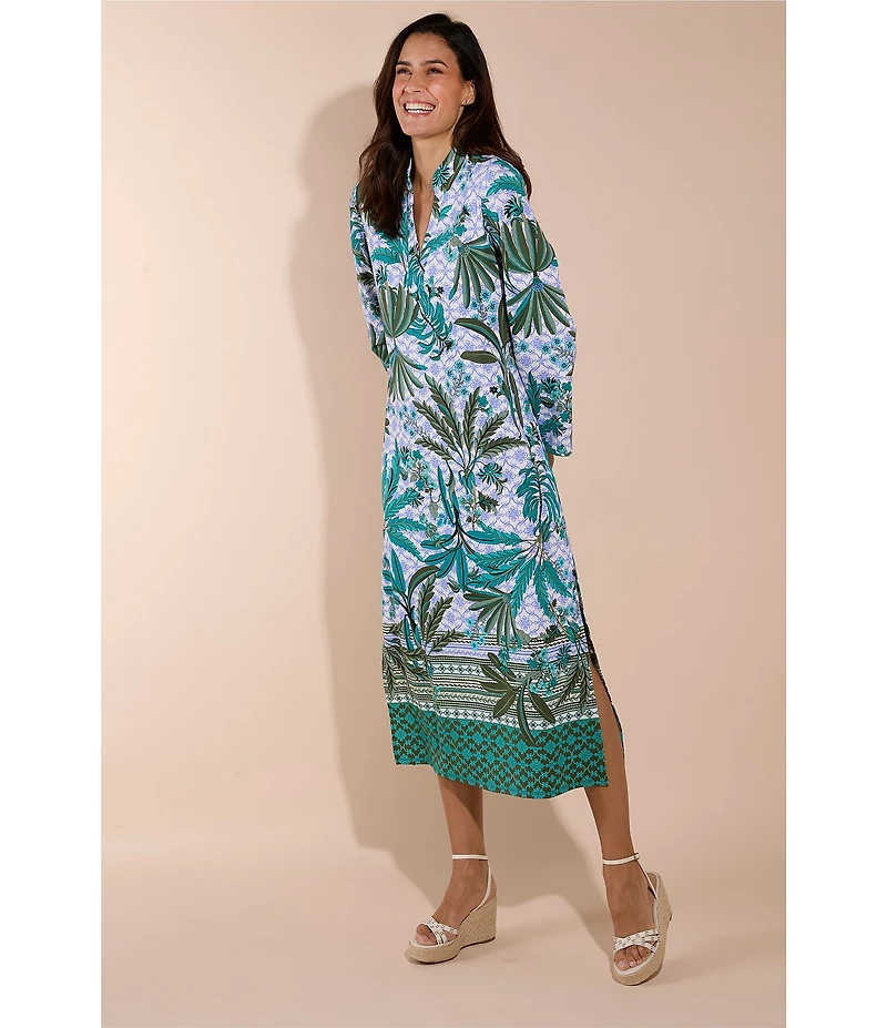 Jude Connally Devon Jude Cloth Palm Royal Loden Print V-Neck Long Sleeve Caftan Dress