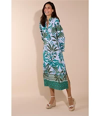 Jude Connally Devon Jude Cloth Palm Royal Loden Print V-Neck Long Sleeve Caftan Dress