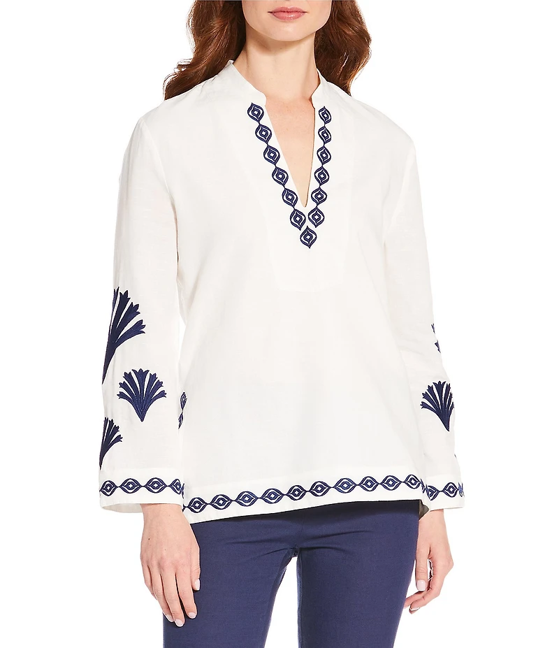 Jude Connally Elyce Embroidered Linen V-Neck Long Sleeve Tunic