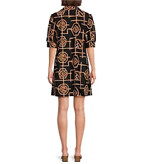 Jude Connally Emerson Bamboo Lattice Print Jude Cloth Knit Point Collar Puffed Sleeve Shift Dress