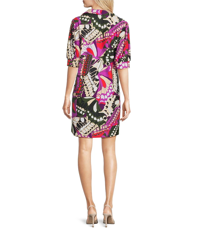 Jude Connally Emerson Butterfly Mosaic Print Jude Cloth Knit Point Collar Puffed Sleeve Shift Dress