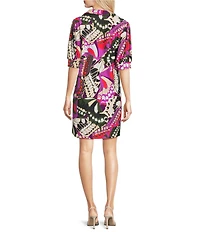 Jude Connally Emerson Butterfly Mosaic Print Jude Cloth Knit Point Collar Puffed Sleeve Shift Dress