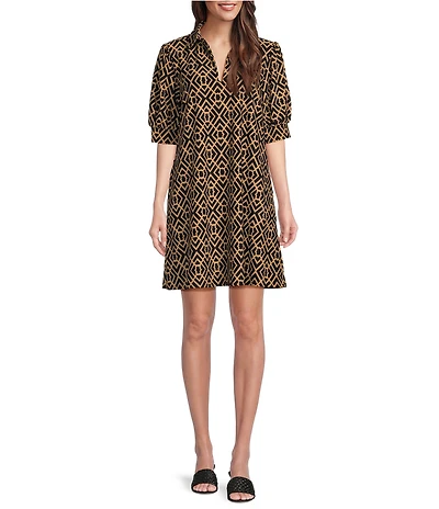 Jude Connally Emerson Jude Cloth Knit Garden Lattice Print Point Collar Puffed Sleeve Shift Dress