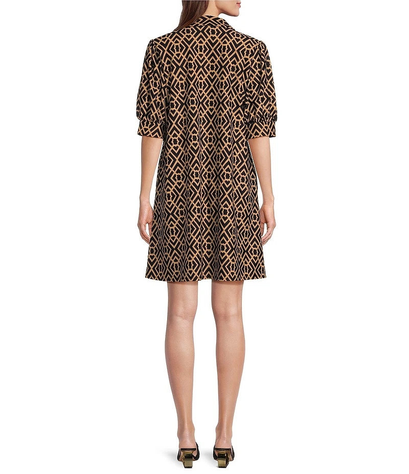 Jude Connally Emerson Jude Cloth Knit Garden Lattice Print Point Collar Puffed Sleeve Shift Dress