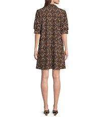 Jude Connally Emerson Jude Cloth Knit Garden Lattice Print Point Collar Puffed Sleeve Shift Dress