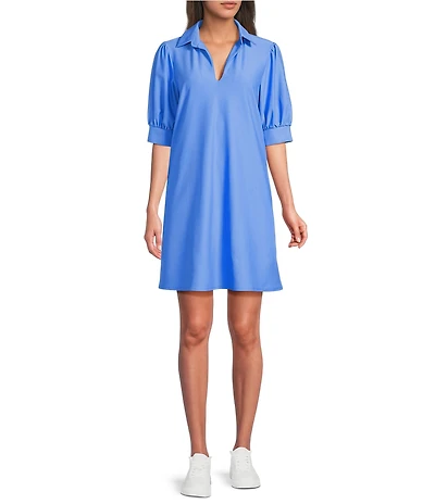 Jude Connally Emerson Jude Cloth Knit Point Collar Puffed Sleeve Shift Dress