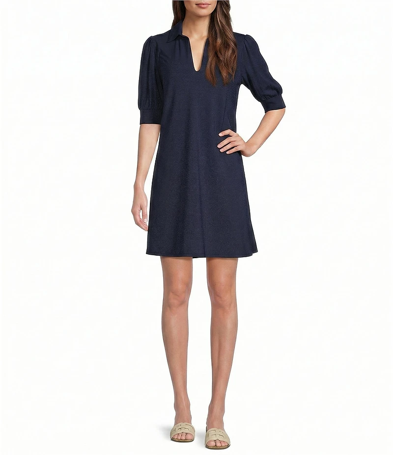 Jude Connally Emerson Jude Cloth Knit Point Collar Puffed Sleeve Shift Dress