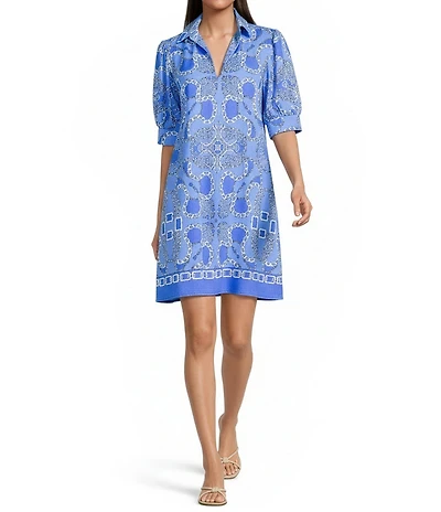 Jude Connally Emerson Jude Cloth Knit Heritage Chains Print Point Collar Puffed Sleeve Shift Dress