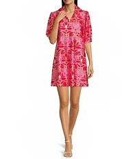 Jude Connally Emerson Jude Cloth Knit Imperial Garden Print Point Collar Puffed Sleeve Shift Dress