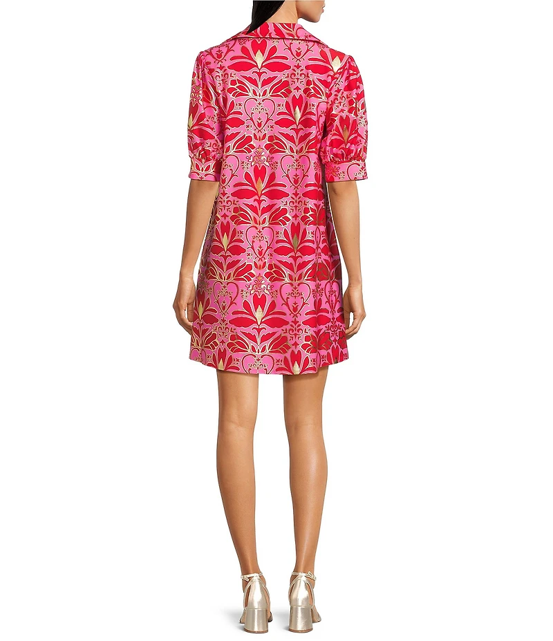 Jude Connally Emerson Jude Cloth Knit Imperial Garden Print Point Collar Puffed Sleeve Shift Dress