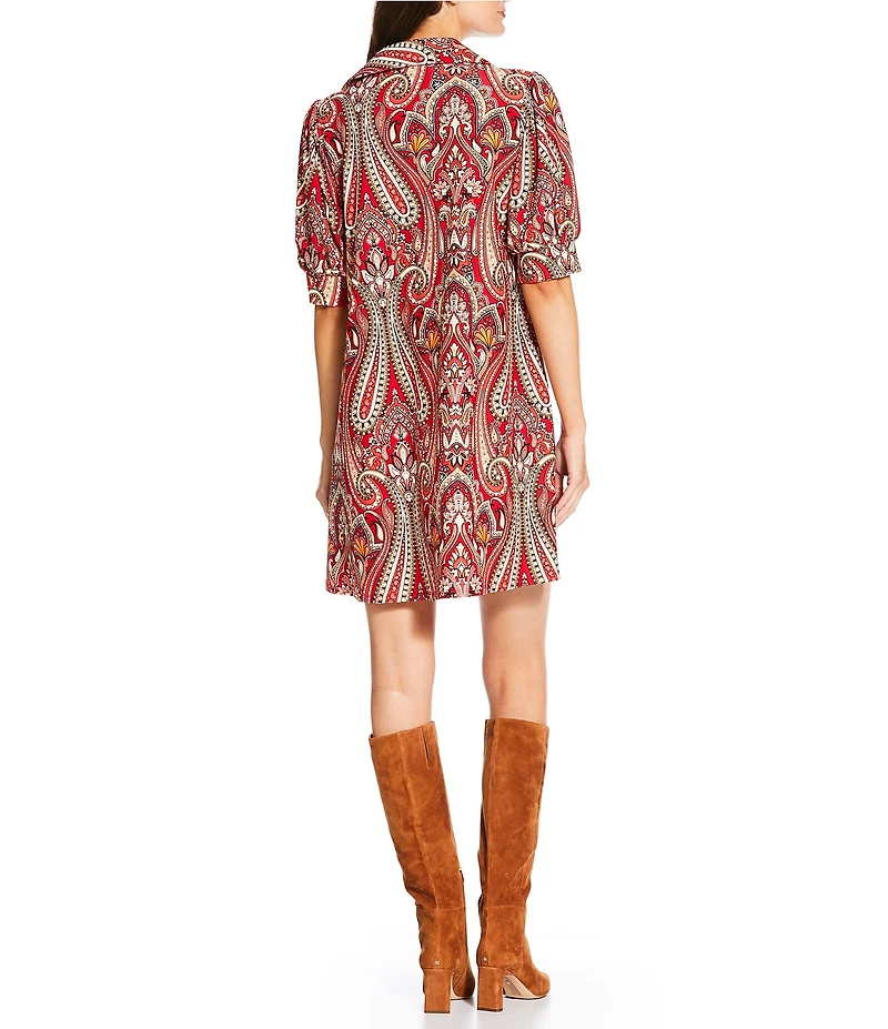 Jude Connally Emerson Jude Cloth Knit Italian Paisley Claret Print Point Collar Puffed Sleeve Shift Dress