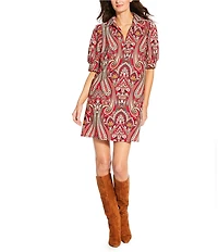 Jude Connally Emerson Jude Cloth Knit Italian Paisley Claret Print Point Collar Puffed Sleeve Shift Dress