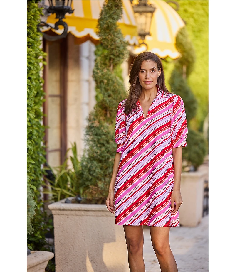 Jude Connally Emerson Jude Cloth Knit Umbrella Stripe Print Point Collar Puffed Sleeve Shift Dress