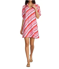 Jude Connally Emerson Jude Cloth Knit Umbrella Stripe Print Point Collar Puffed Sleeve Shift Dress