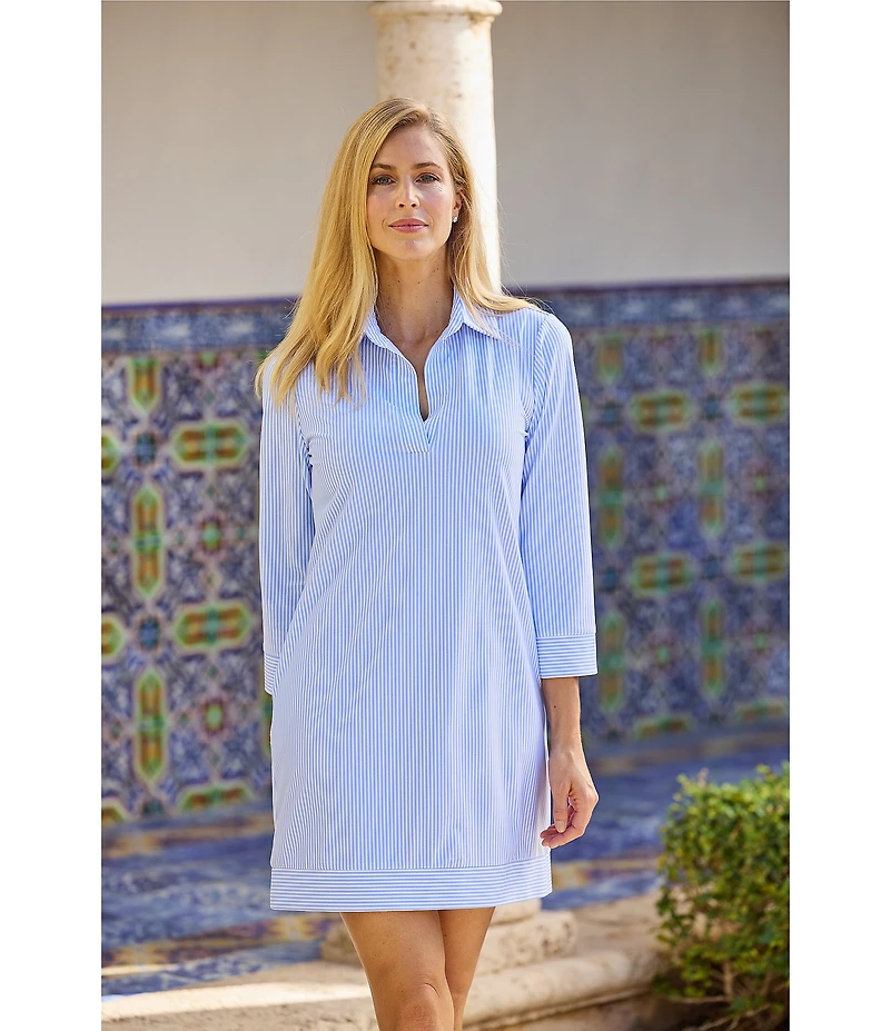 Jude Connally Finley Pinstripe Print Point Collar Bracelet Sleeve Shift Dress