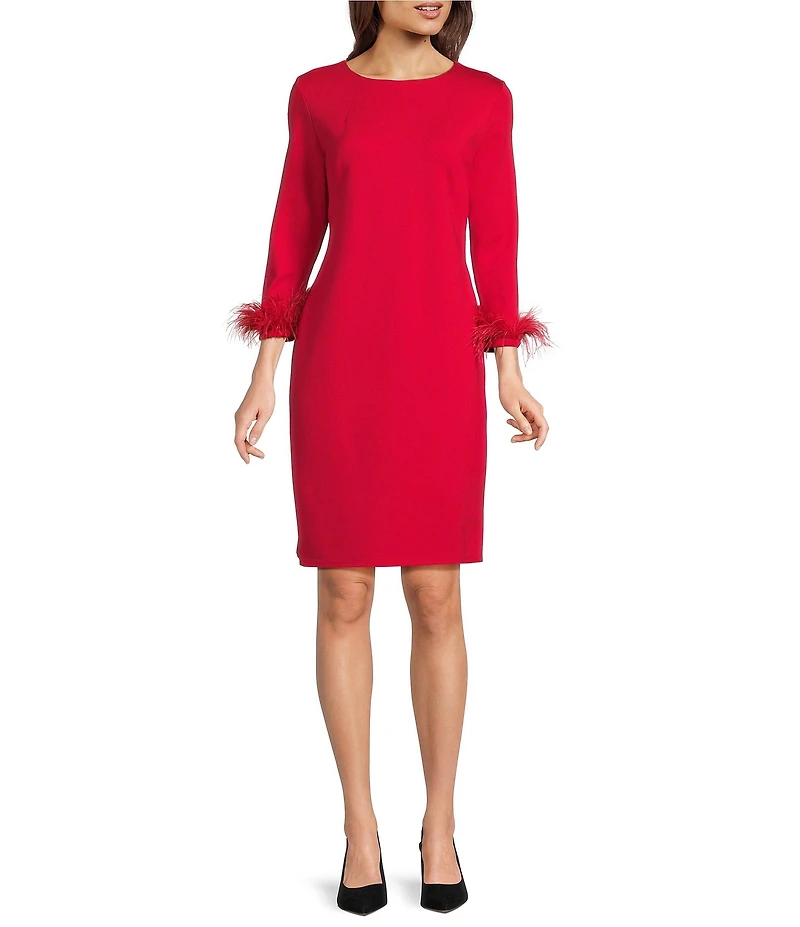 Jude Connally Franca Ponte Round Neck 3/4 Sleeve Feather Cuff Dress
