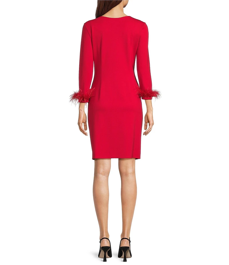 Jude Connally Franca Ponte Round Neck 3/4 Sleeve Feather Cuff Dress