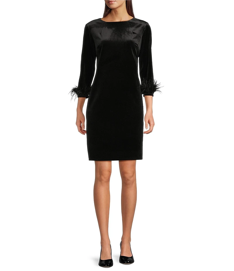 Jude Connally Franca Stretch Velvet Round Neck 3/4 Sleeve Feather Dress