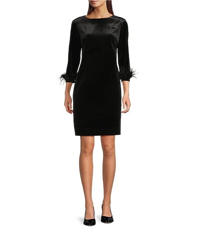 Jude Connally Franca Stretch Velvet Round Neck 3/4 Sleeve Feather Dress