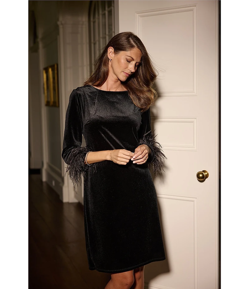 Jude Connally Franca Stretch Velvet Round Neck 3/4 Sleeve Feather Dress